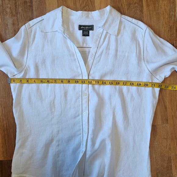 Eddie Bauer Top Womens L White Linen 3/4 Sleeve Button Down Eyelet Coastal Chic - Picture 6 of 8